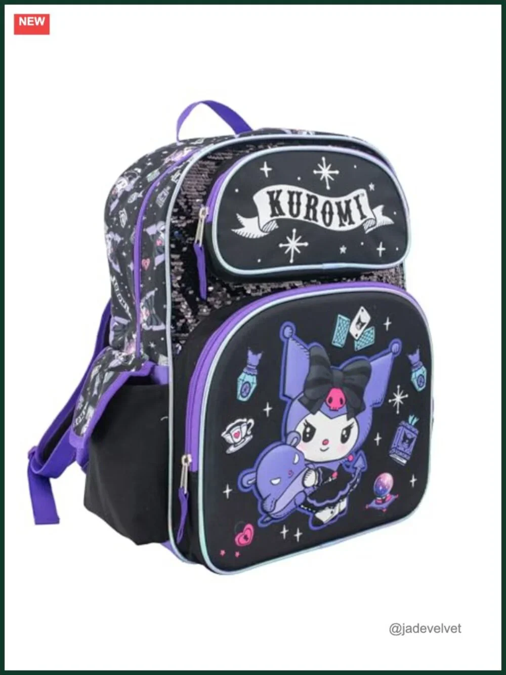 Kuromi Hello Kitty Sequin Backpack for Girls 16 Inch Sanrio School Bookbag